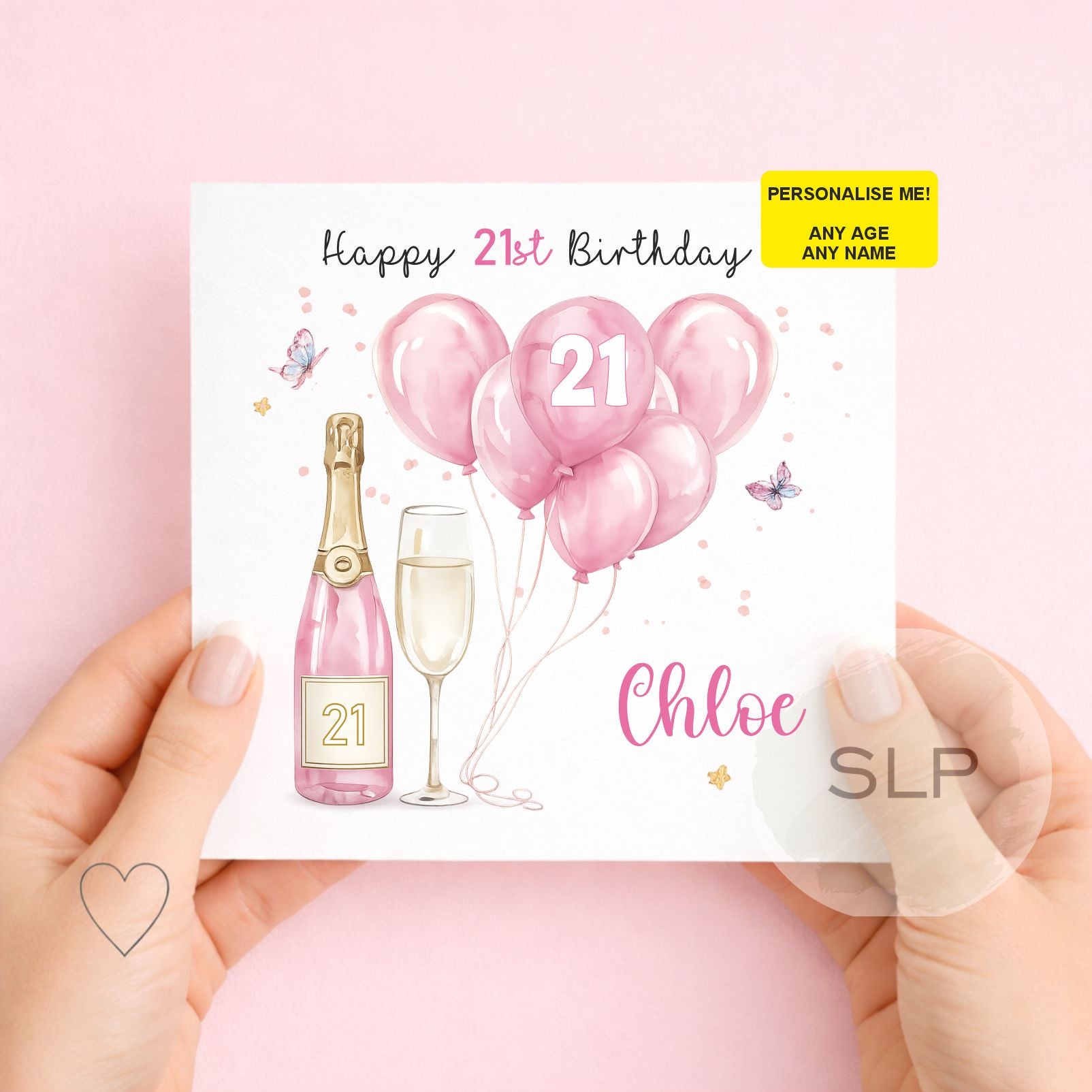 Personalised 18th Birthday Card Any Age Any Name – Pink Champagne Birthday Card – 18th 21st Birthday Card for Her Birthday Daughter Friend