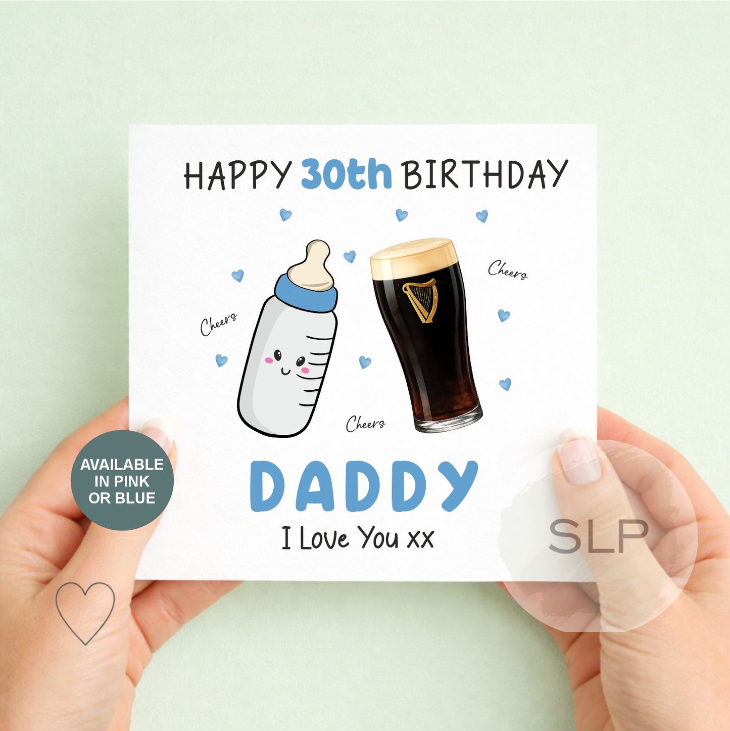 Personalised 30th Birthday Card for Daddy – Cute Baby & Beer Design – Pink or Blue