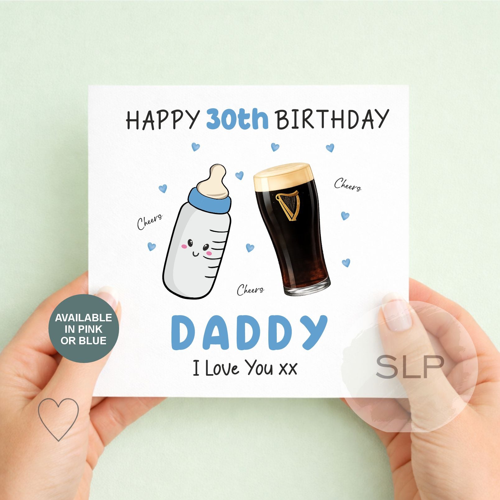 Personalised 30th Birthday Card for Daddy – Cute Baby & Beer Design – Pink or Blue