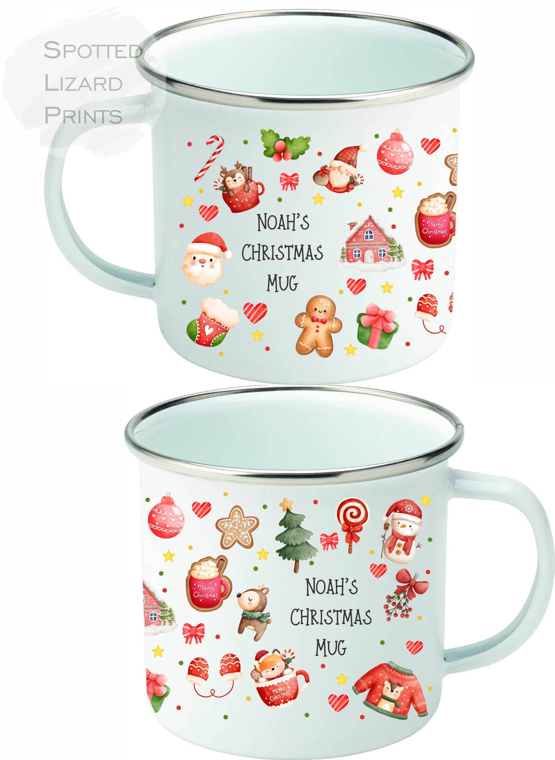 enamel mug with gingerbread men and personalised with a name