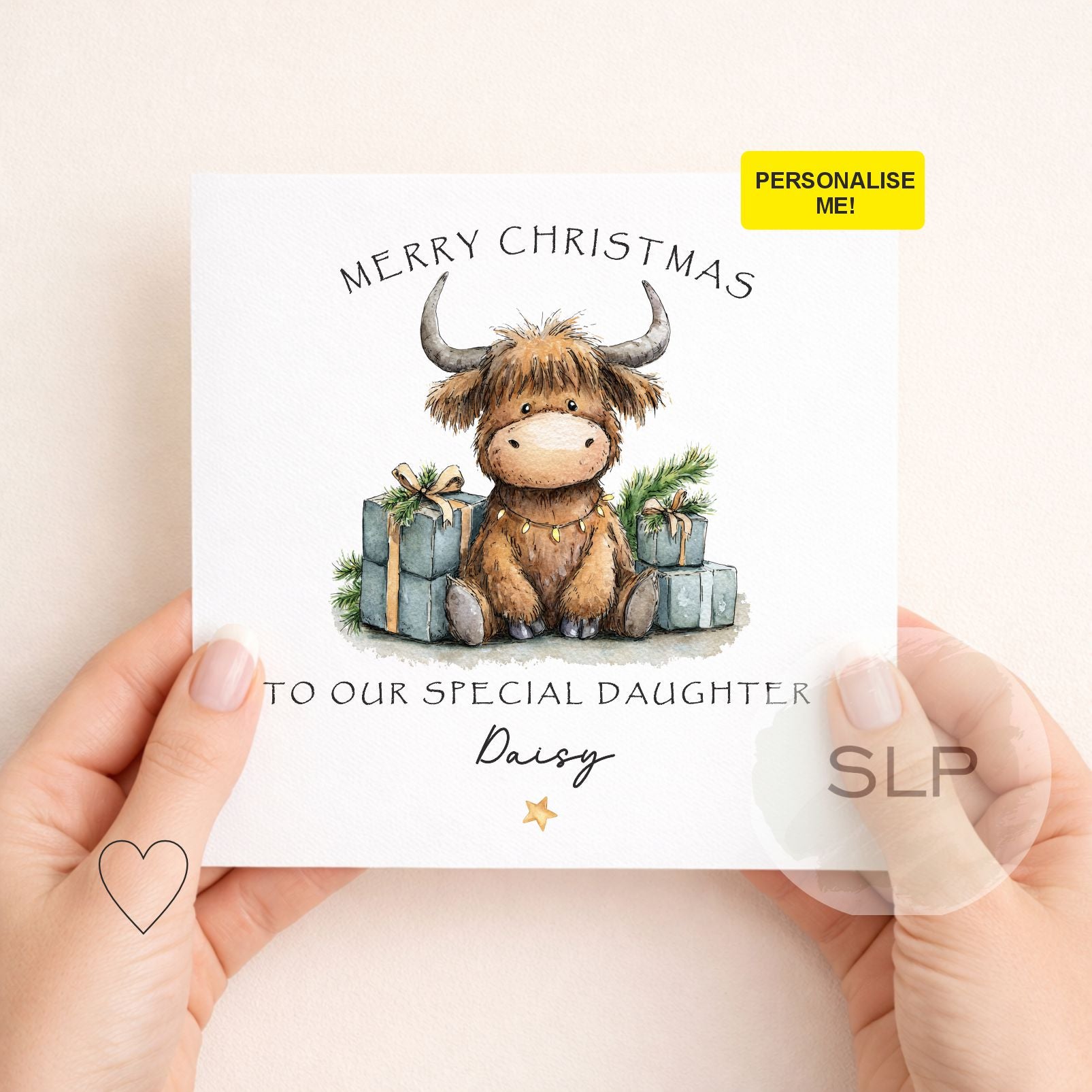 Personalised Highland cow Christmas card with custom name and festive presents