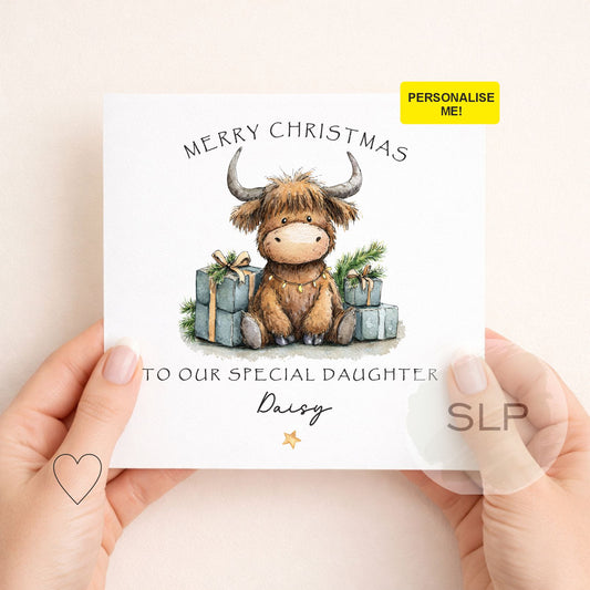 Personalised Highland cow Christmas card with custom name and festive presents
