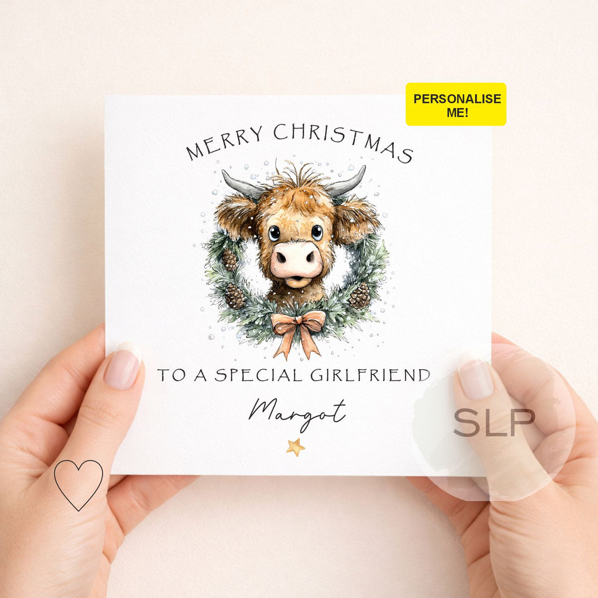 Personalised Highland cow Christmas card for a friend, girlfriend or someone special. Add your own recipient wording and name to this cute festive cow card.