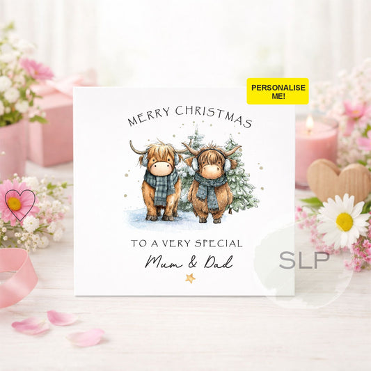 Personalised Highland cow Christmas card for Mum & Dad, Nan & Grandad, grandparents or a special couple. Customise with your own recipient wording.