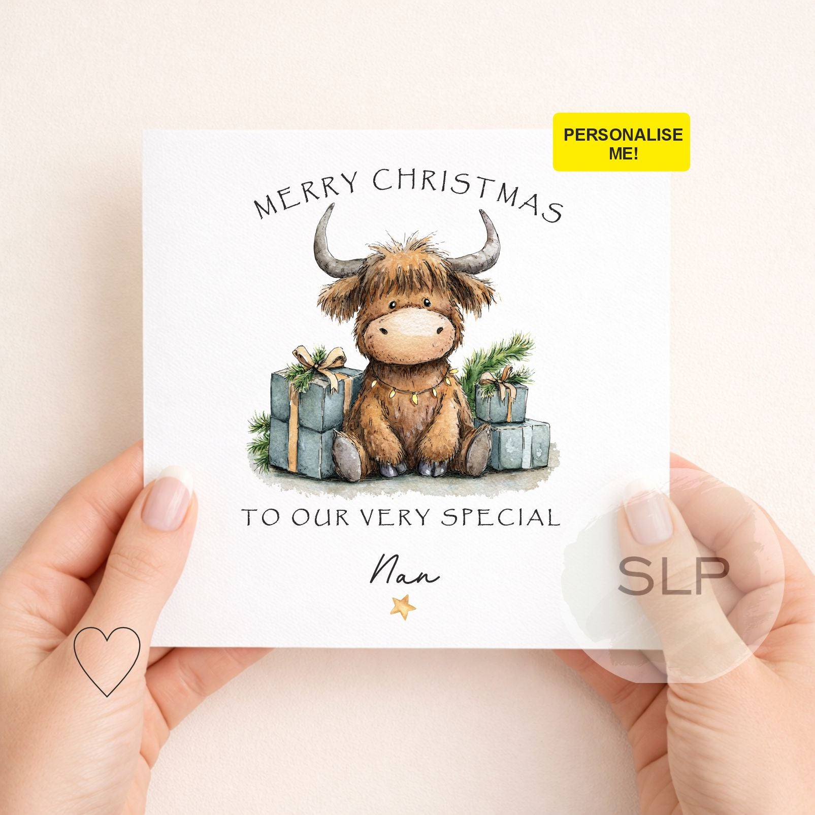Personalised Highland cow Christmas card with custom name and festive presents