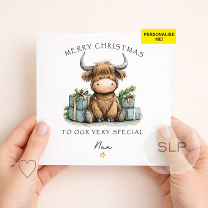 Personalised Highland cow Christmas card with custom name and festive presents
