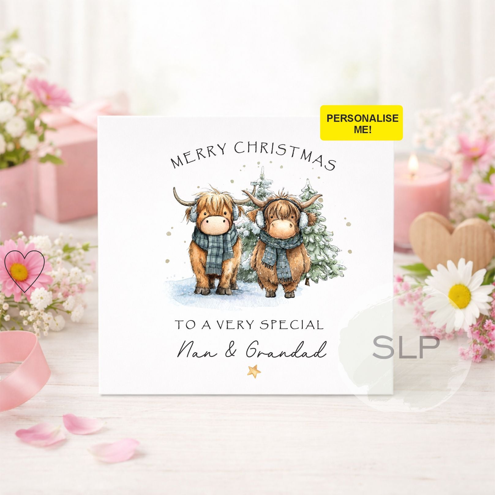 Personalised Highland cow Christmas card for Mum & Dad, Nan & Grandad, grandparents or a special couple. Customise with your own recipient wording.