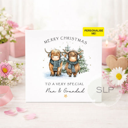 Personalised Highland cow Christmas card for Mum & Dad, Nan & Grandad, grandparents or a special couple. Customise with your own recipient wording.