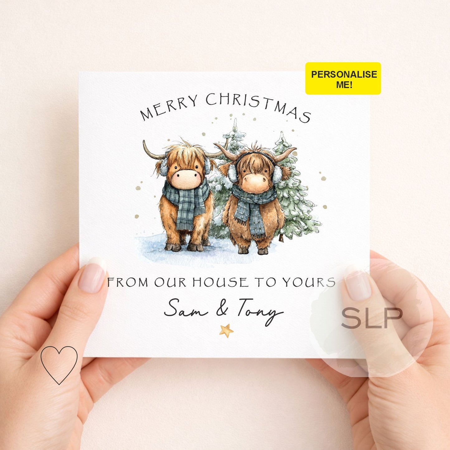 Personalised From Our House to Yours Christmas card featuring two cute Highland cows. Add your names or family name for a unique festive card.