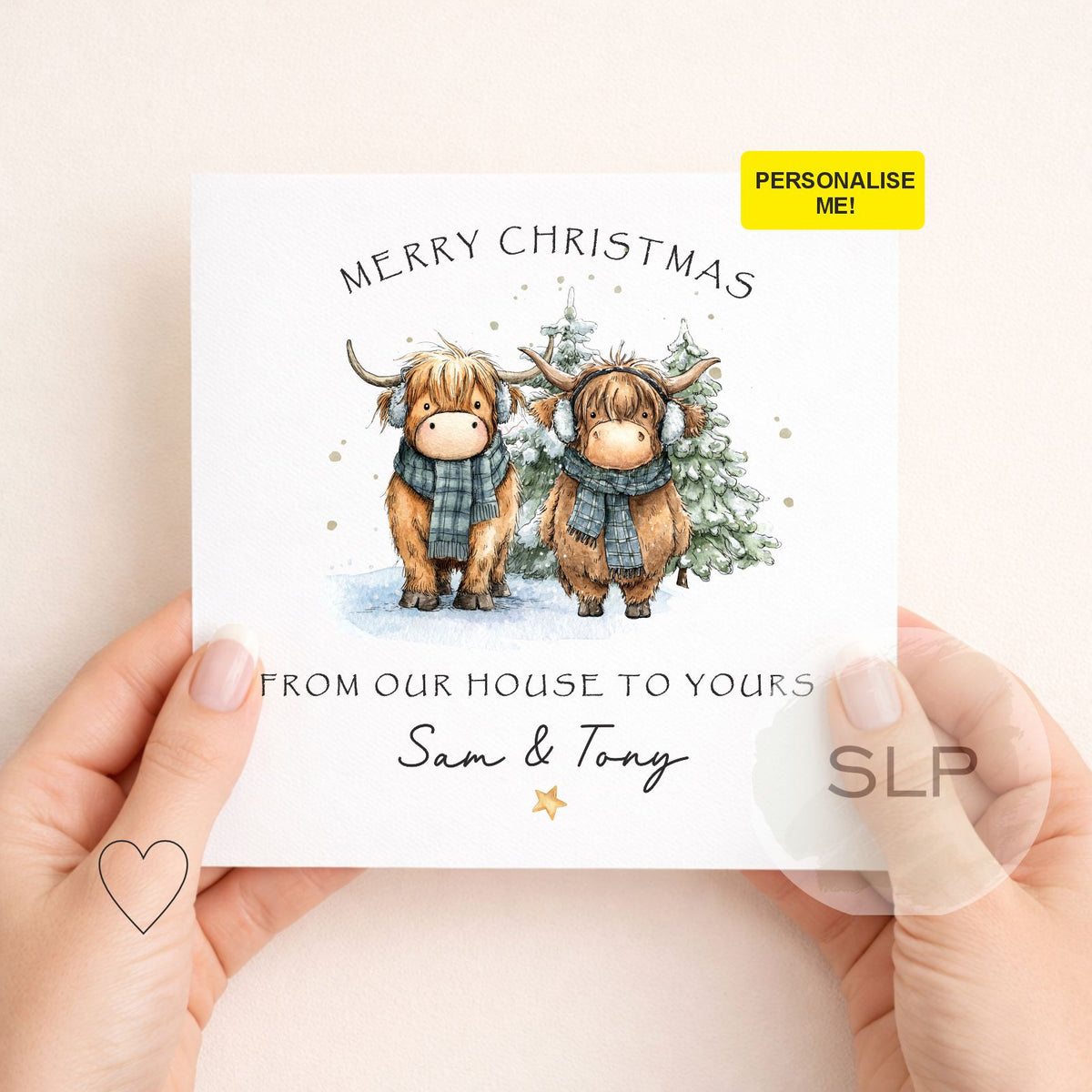 Personalised From Our House to Yours Christmas card featuring two cute Highland cows. Add your names or family name for a unique festive card.