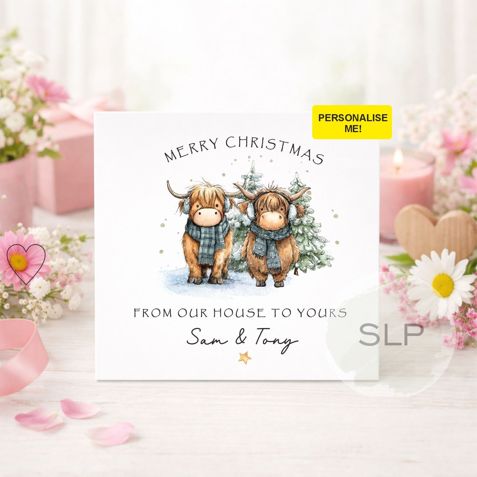 Personalised From Our House to Yours Christmas card featuring two cute Highland cows. Add your names or family name for a unique festive card.