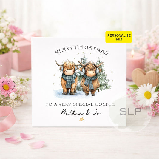Personalised Christmas card for a special couple featuring two cute Highland cows. Add both names to create a unique festive card and keepsake.