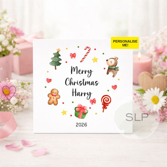 Personalised Christmas card 2026 with custom name, reindeer, gingerbread man, candy cane and festive decorations