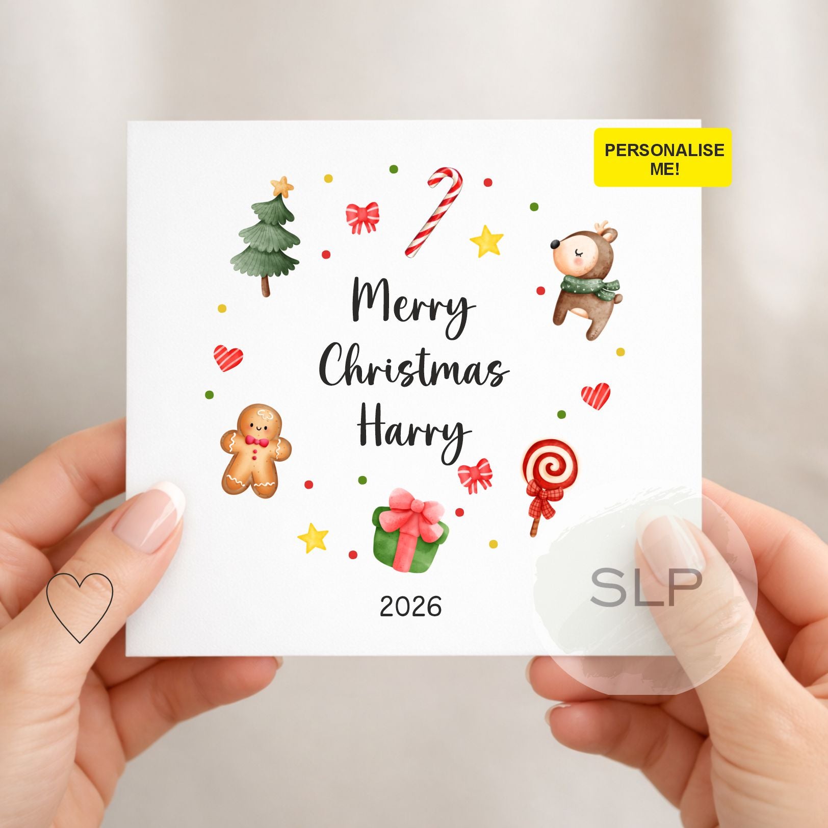 Personalised Christmas card 2026 with custom name, reindeer, gingerbread man, candy cane and festive decorations