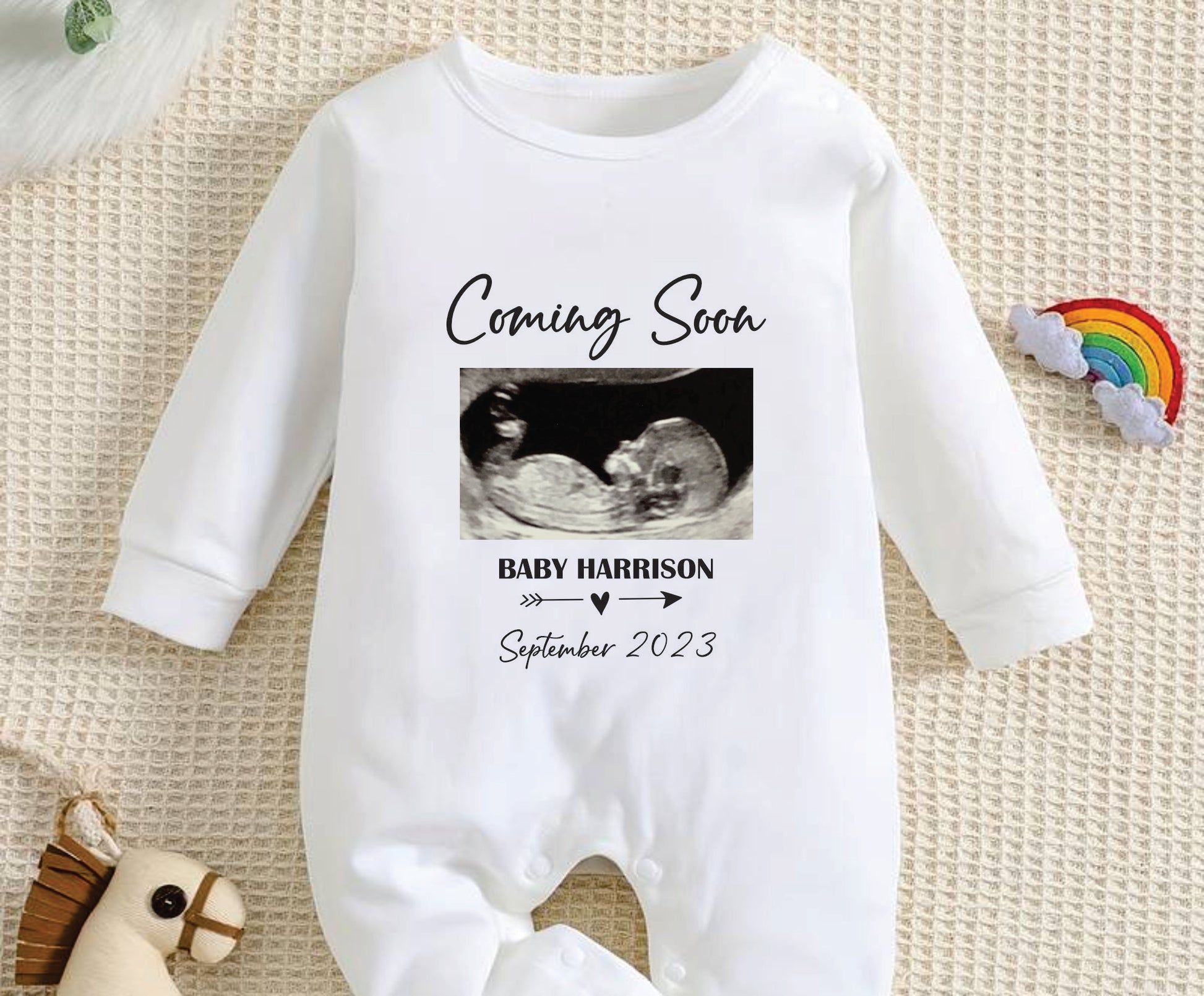 coming soon pregnancy announcement baby romper with baby scan photo