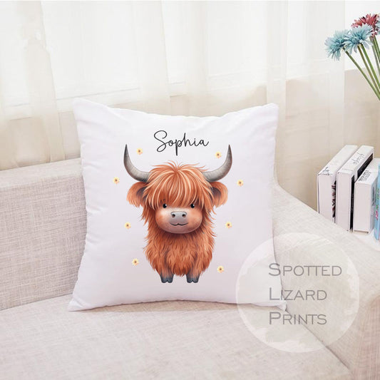 Highland Cow Pillow, Personalised Pillow, Gift for Mothers Day, Personalised Highland Cow, Scottish Cow