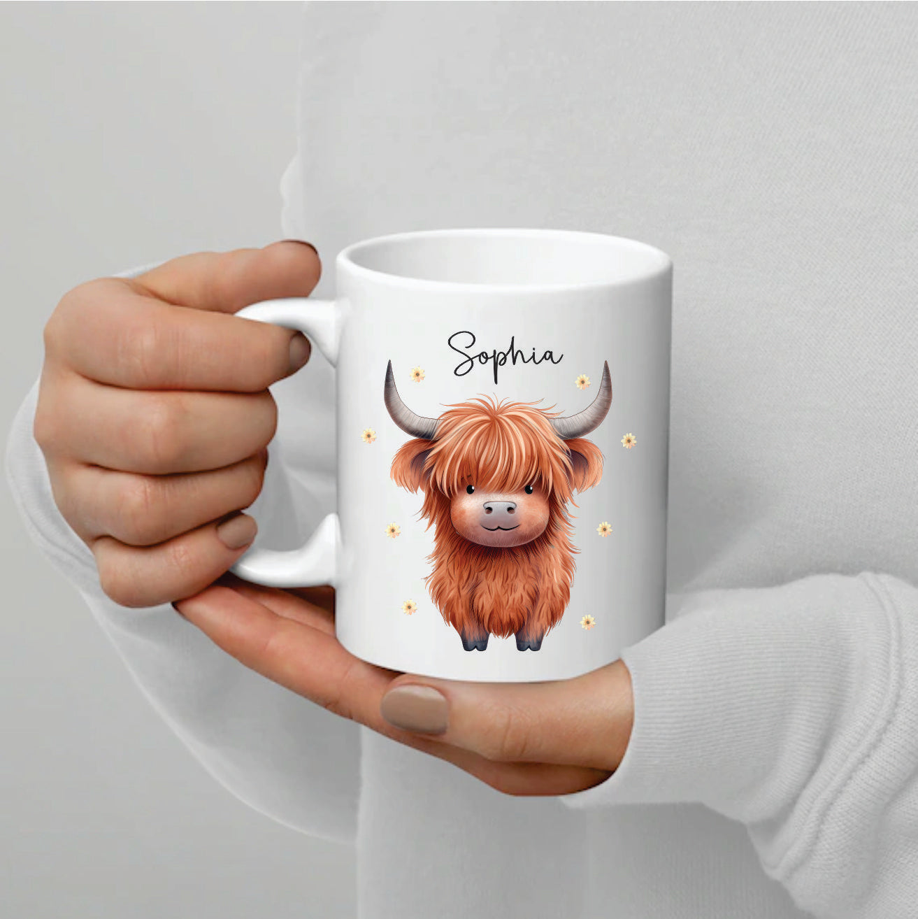 Personalised Highland Cow Gift set. Unique Hand printed Gift for Cow lovers. Highland Cow and Mug