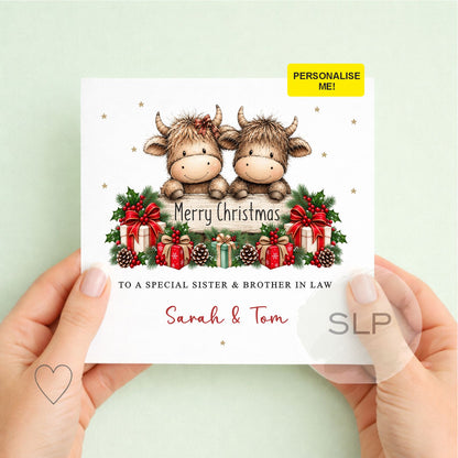 Personalised Highland Cow Christmas Card for Sister & Brother in Law