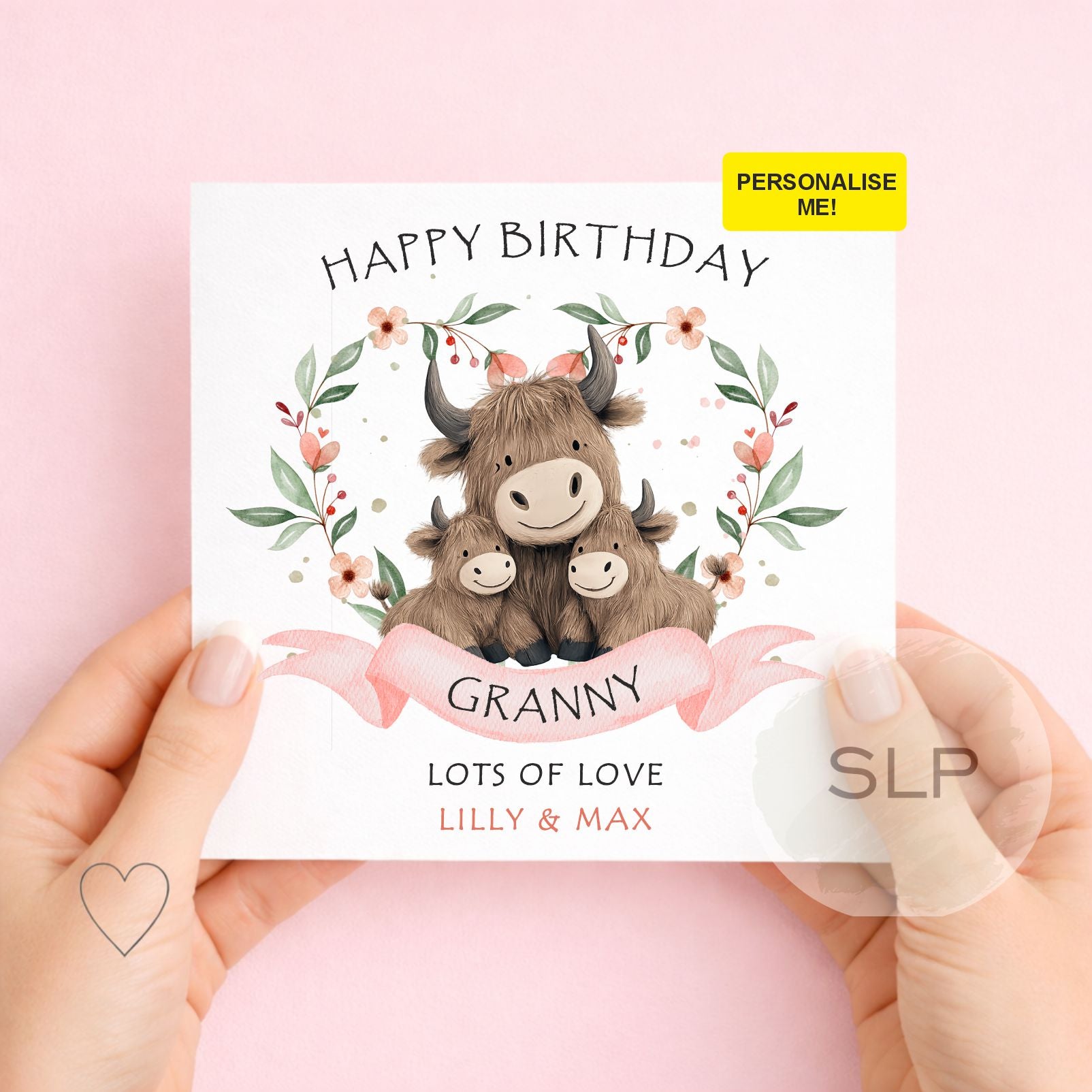 Personalised Granny Birthday Card – Cute Highland Cow Card – Custom Name from Child