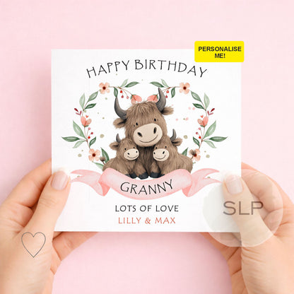 Personalised Granny Birthday Card – Cute Highland Cow Card – Custom Name from Child