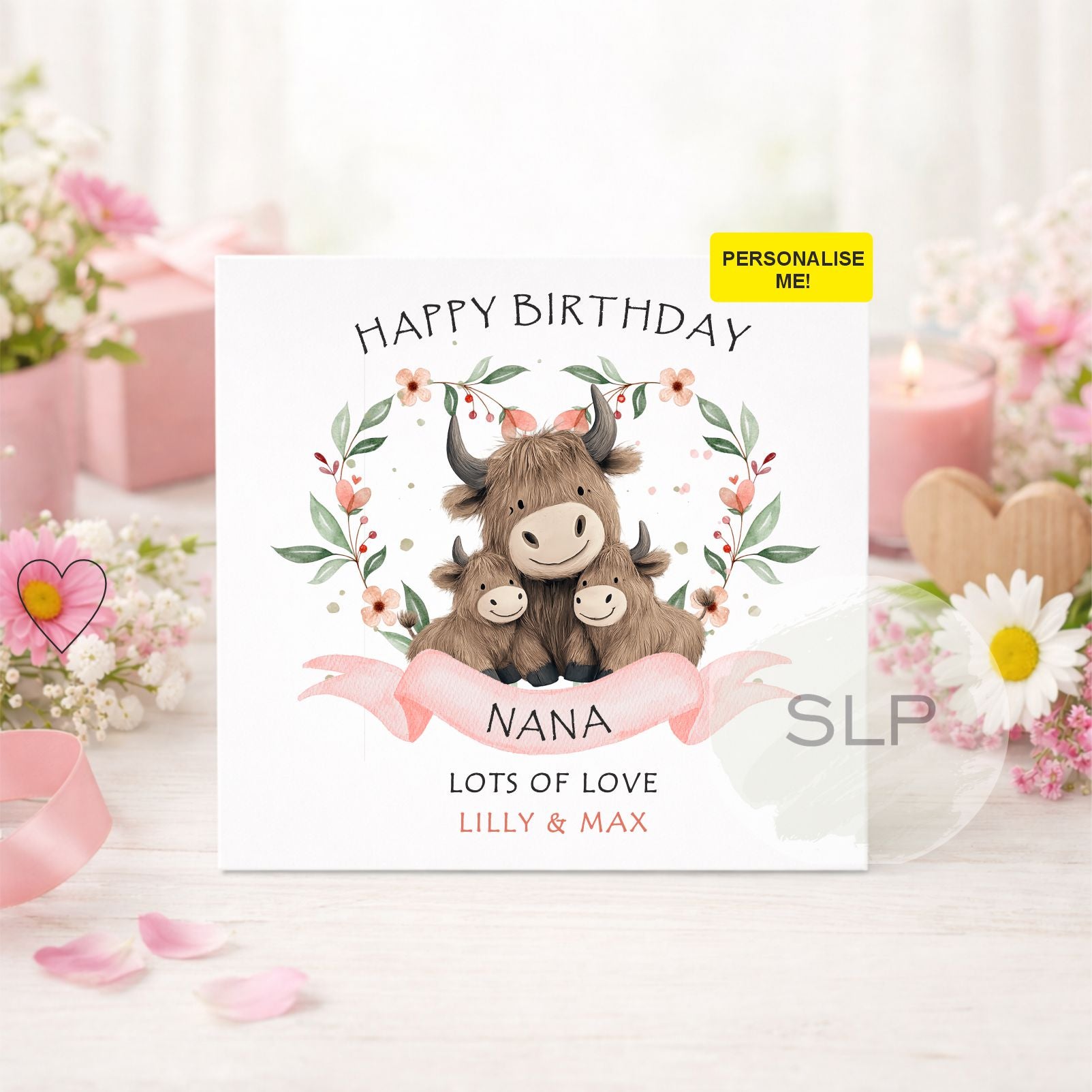 Personalised Granny Birthday Card – Cute Highland Cow Card – Custom Name from Child