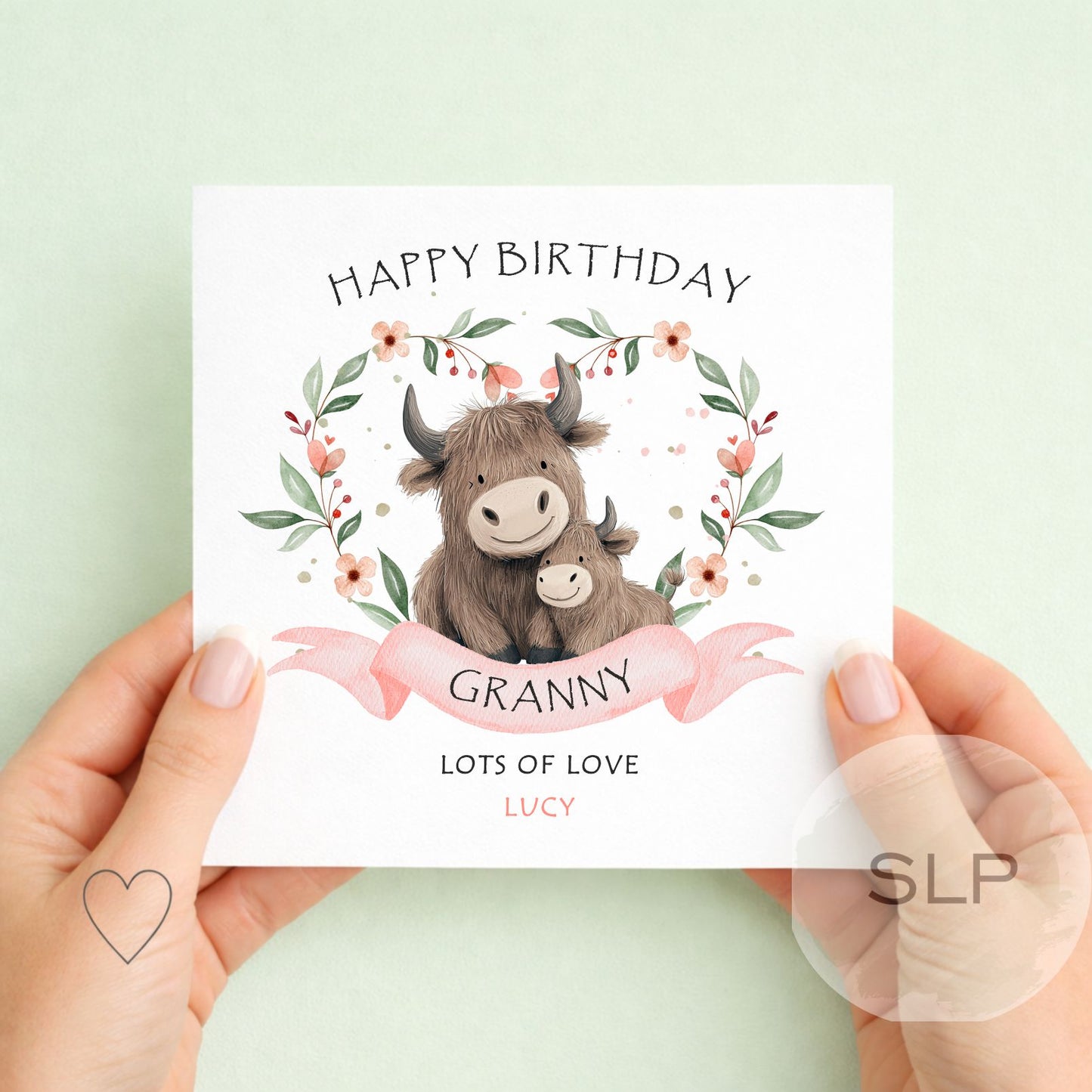 Personalised Granny Birthday Card – Cute Highland Cow Card – Custom Name from Child