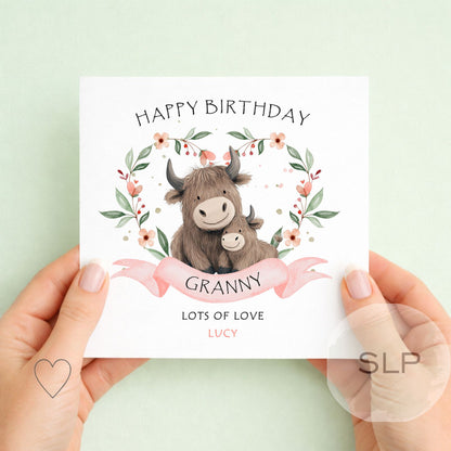 Personalised Granny Birthday Card – Cute Highland Cow Card – Custom Name from Child