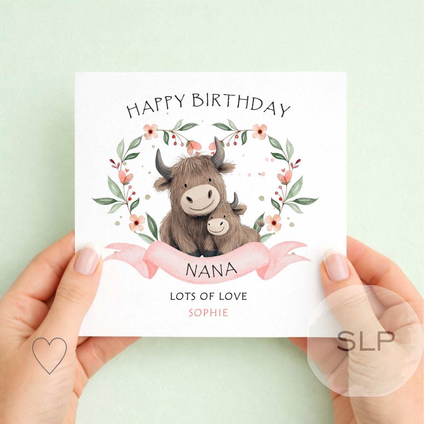 Personalised Granny Birthday Card – Cute Highland Cow Card – Custom Name from Child