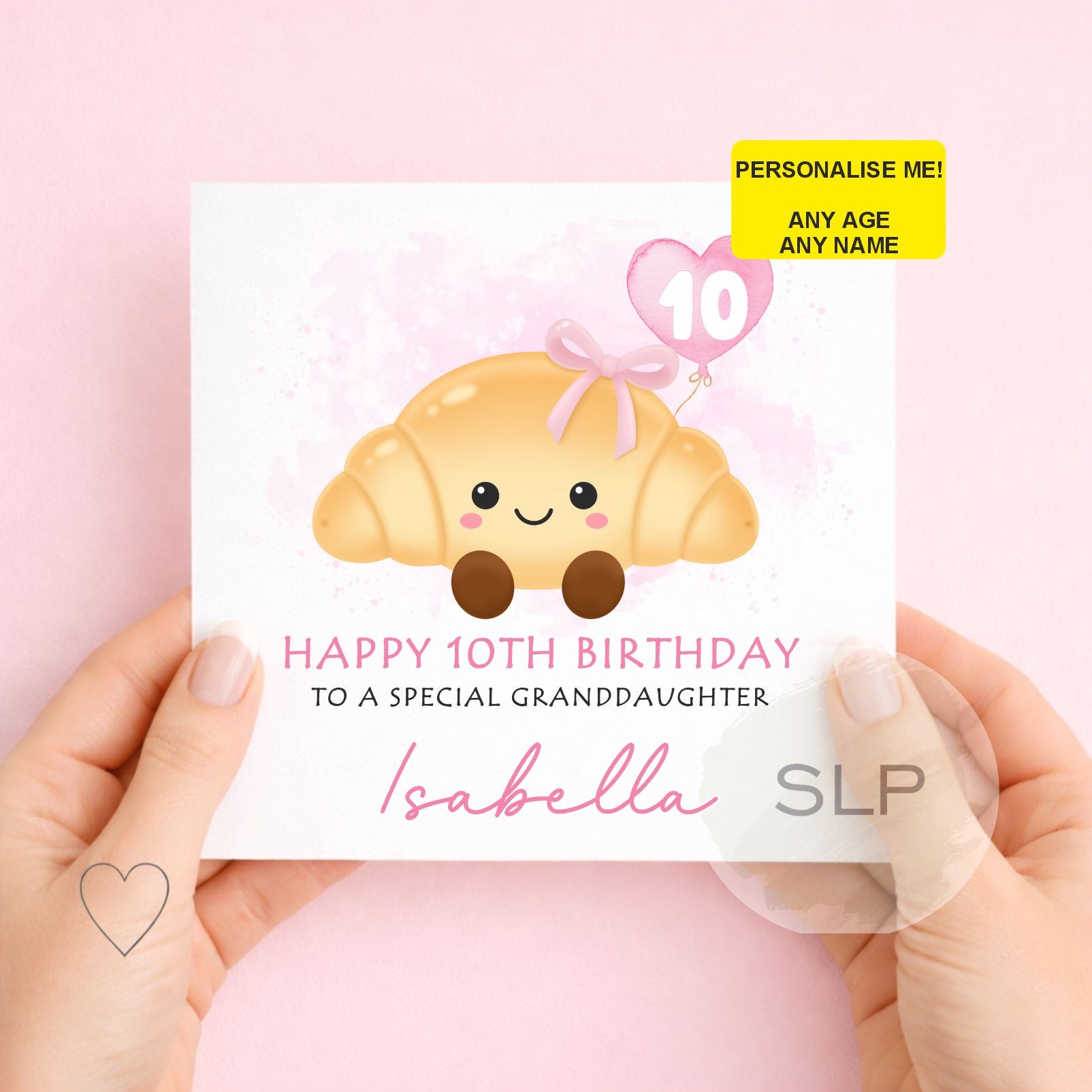 Cute personalised croissant birthday card with custom name, age and relationship. A fun pink kawaii birthday card for daughters, granddaughters and girls.