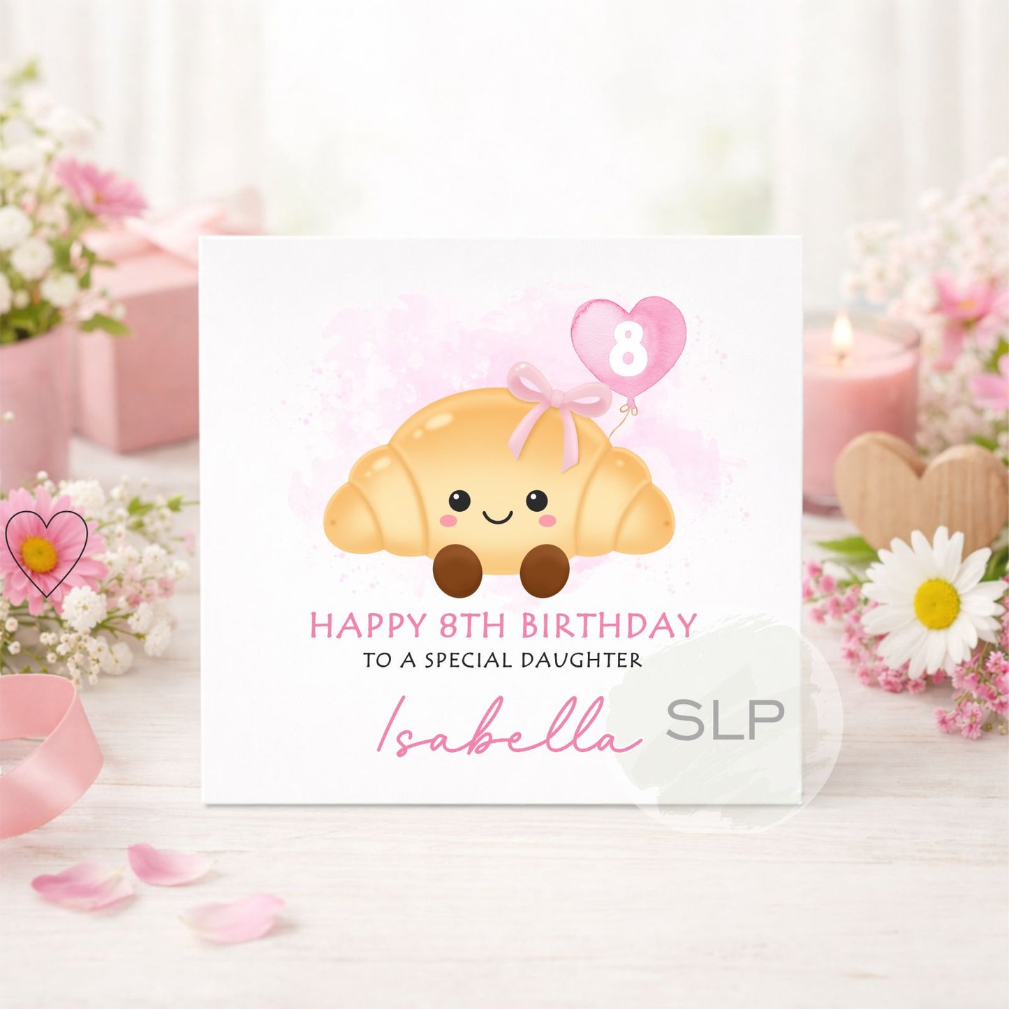Cute personalised croissant birthday card with custom name, age and relationship. A fun pink kawaii birthday card for daughters, granddaughters and girls.