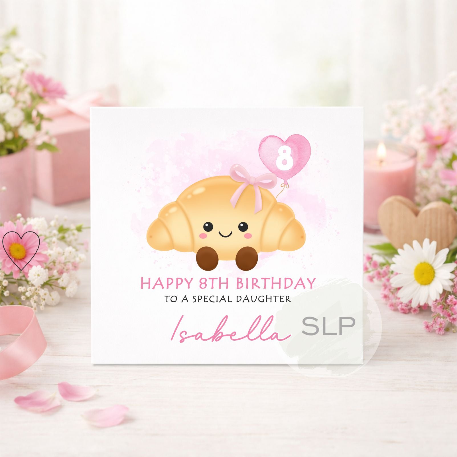 Cute personalised croissant birthday card with custom name, age and relationship. A fun pink kawaii birthday card for daughters, granddaughters and girls.