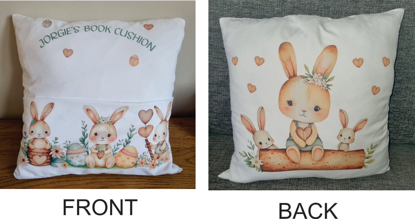 Personalised Cushion with Soft Toy. Unique Hand printed Gift for Easter. Rabbit and Pillow both personalised.