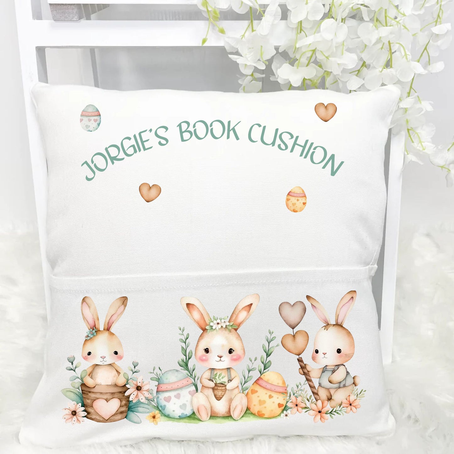 Personalised Cushion with Soft Toy. Unique Hand printed Gift for Easter. Rabbit and Pillow both personalised.