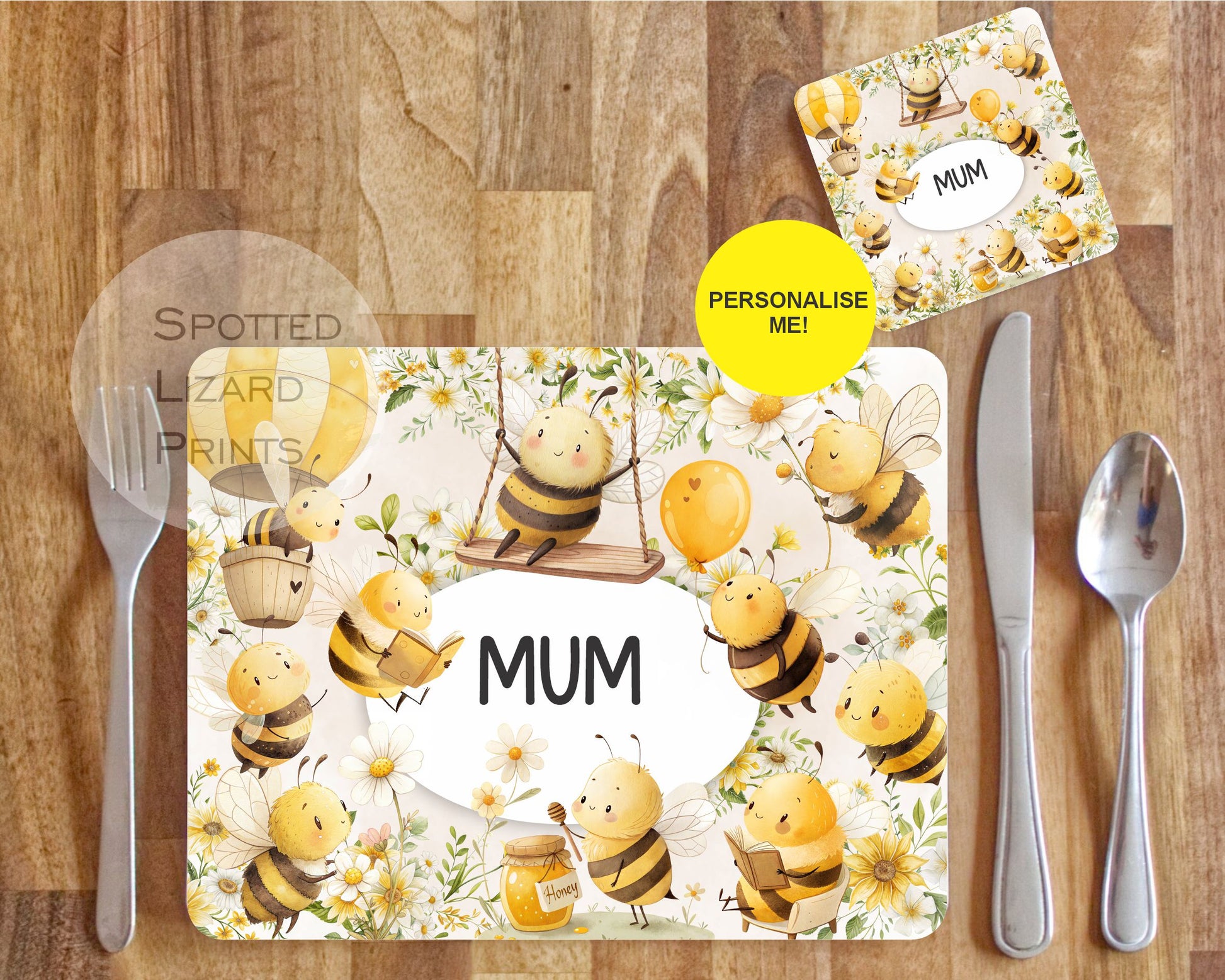 personalised bumble bee placemat and coaster set