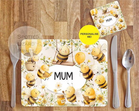 personalised bumble bee placemat and coaster set
