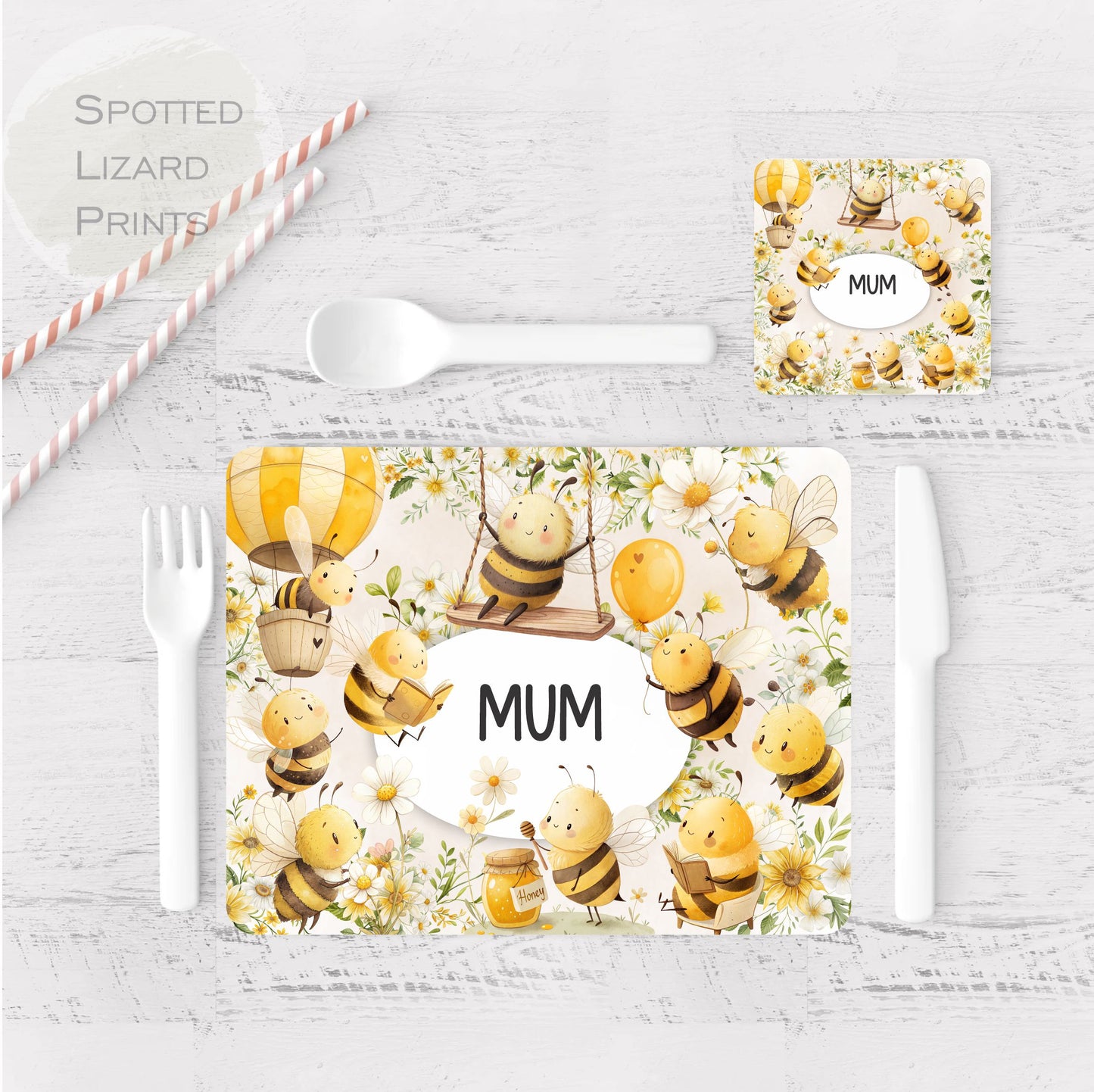 personalised bumble bee placemat and coaster set
