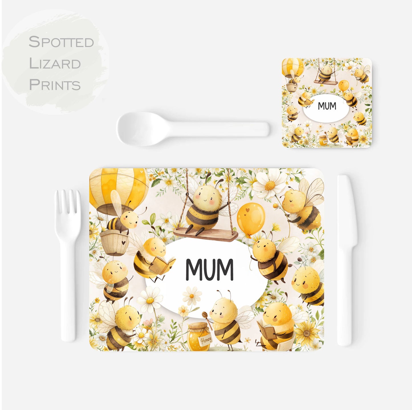 personalised bumble bee placemat and coaster set
