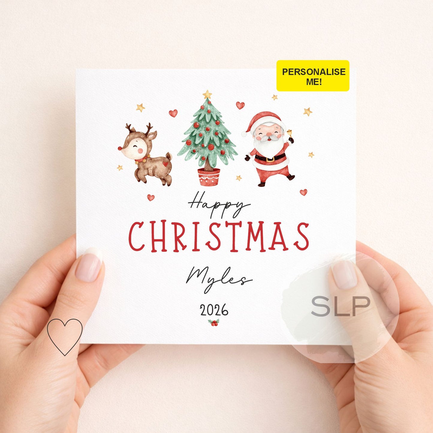 Personalised Christmas Card 2026 | Cute Santa Reindeer & Christmas Tree Custom Name Xmas Card