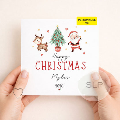 Personalised Christmas Card 2026 | Cute Santa Reindeer & Christmas Tree Custom Name Xmas Card