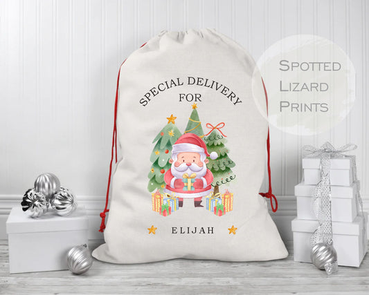 Personalised Cute Santa Children's Santa Sacks | Linen Kids Stockings , Christmas Eve Sack