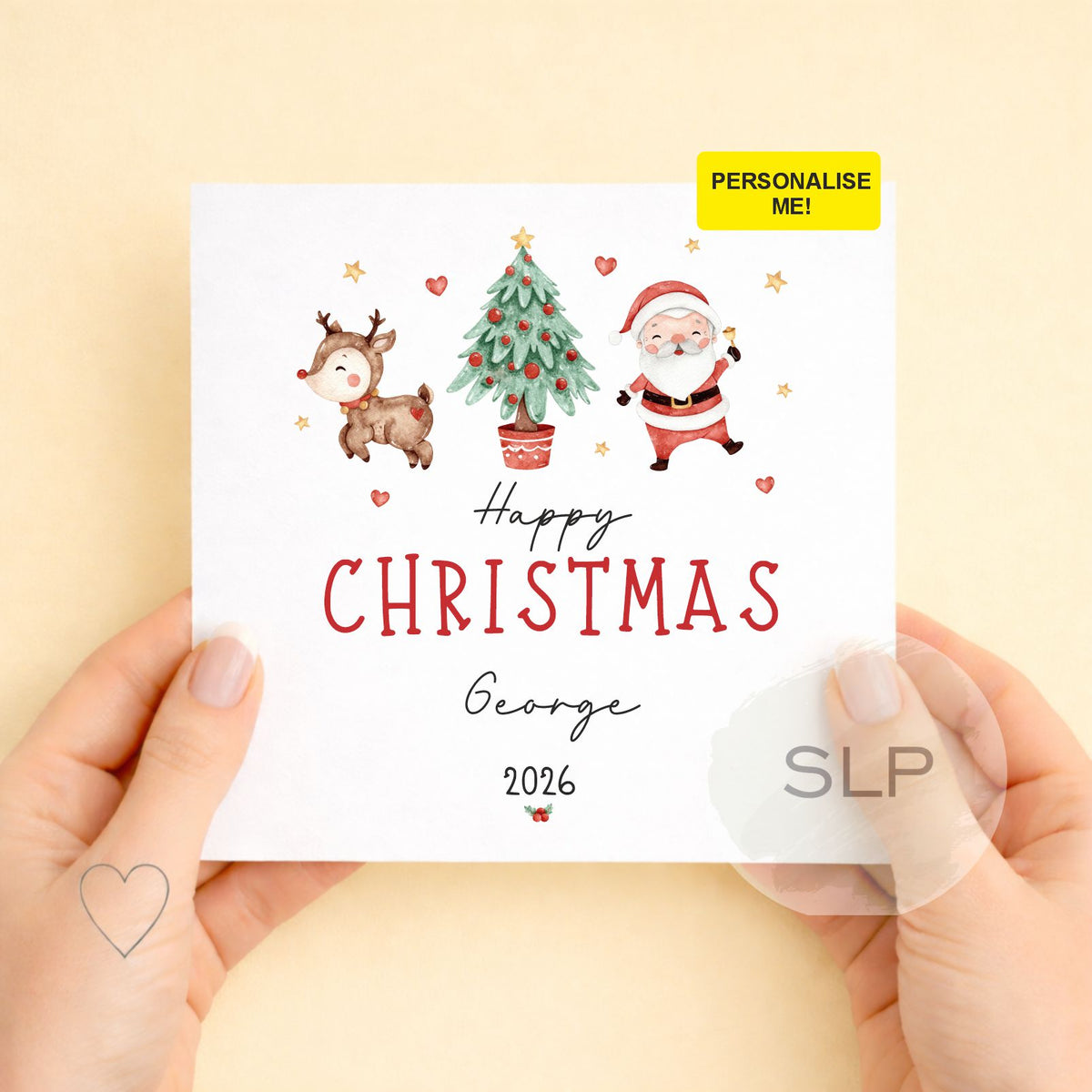 Personalised Christmas Card 2026 | Cute Santa Reindeer & Christmas Tree Custom Name Xmas Card