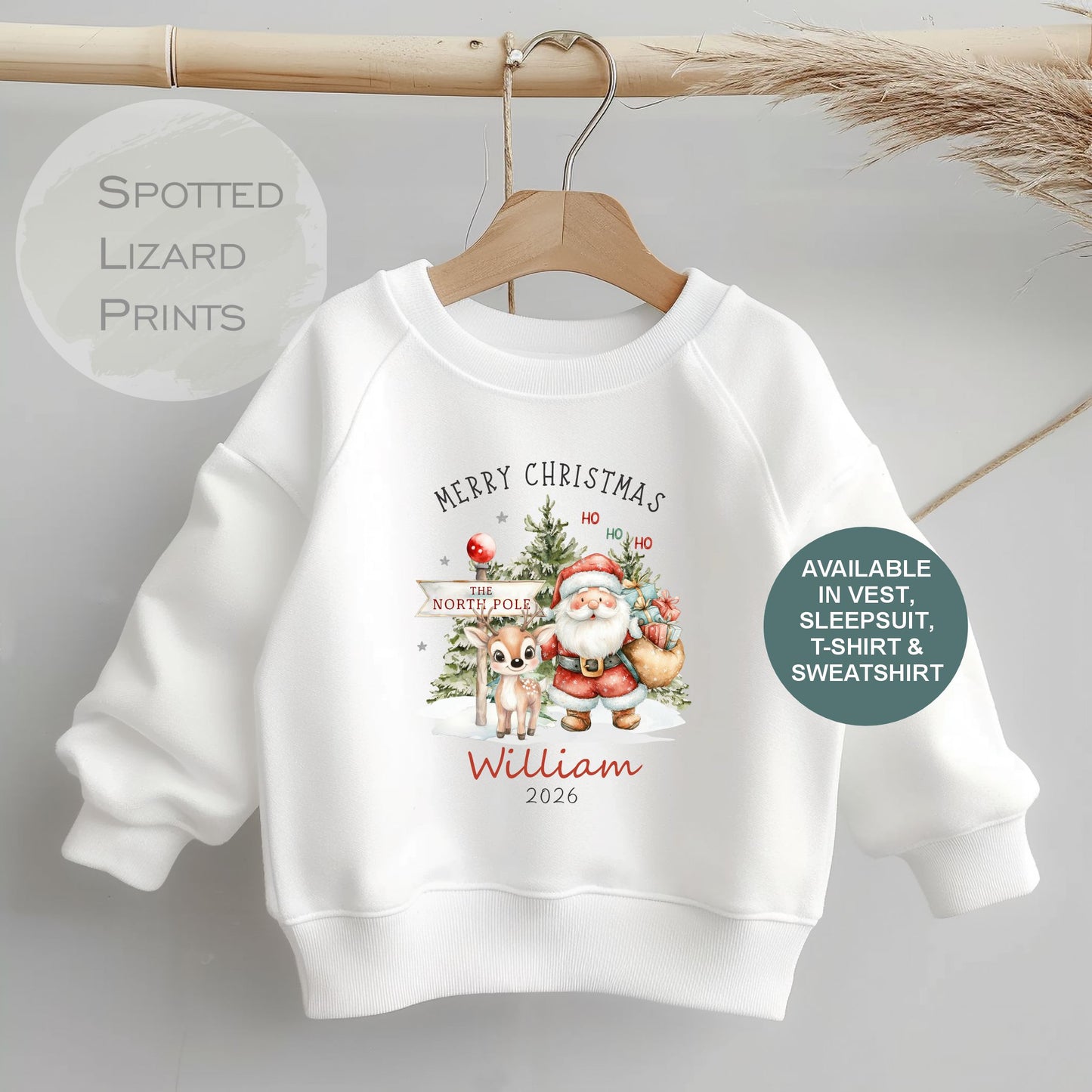 Personalised Christmas Jumper For Children Santa and Reindeer, Xmas Jumper Day, Christmas Sleepsuit, First Christmas T-shirt, Xmas Baby Vest