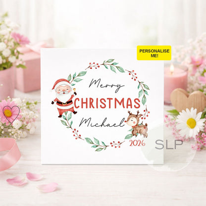 Personalised Christmas Card | Cute Santa & Reindeer Name Card