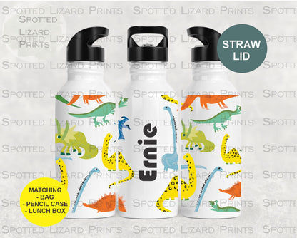 White Aluminium water Bottle. Dinosaur themed. Personalised with a name.