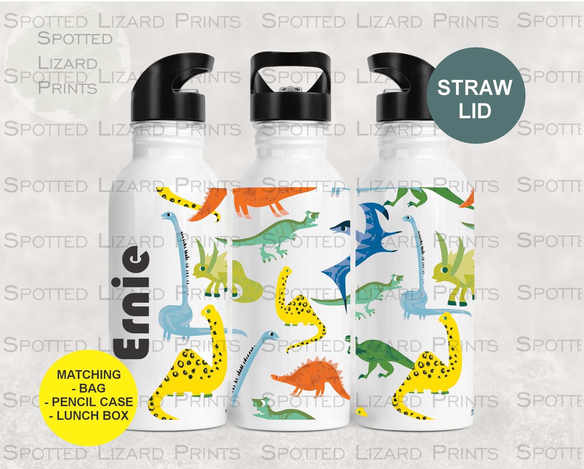 White Aluminium water Bottle. Dinosaur themed. Personalised with a name.