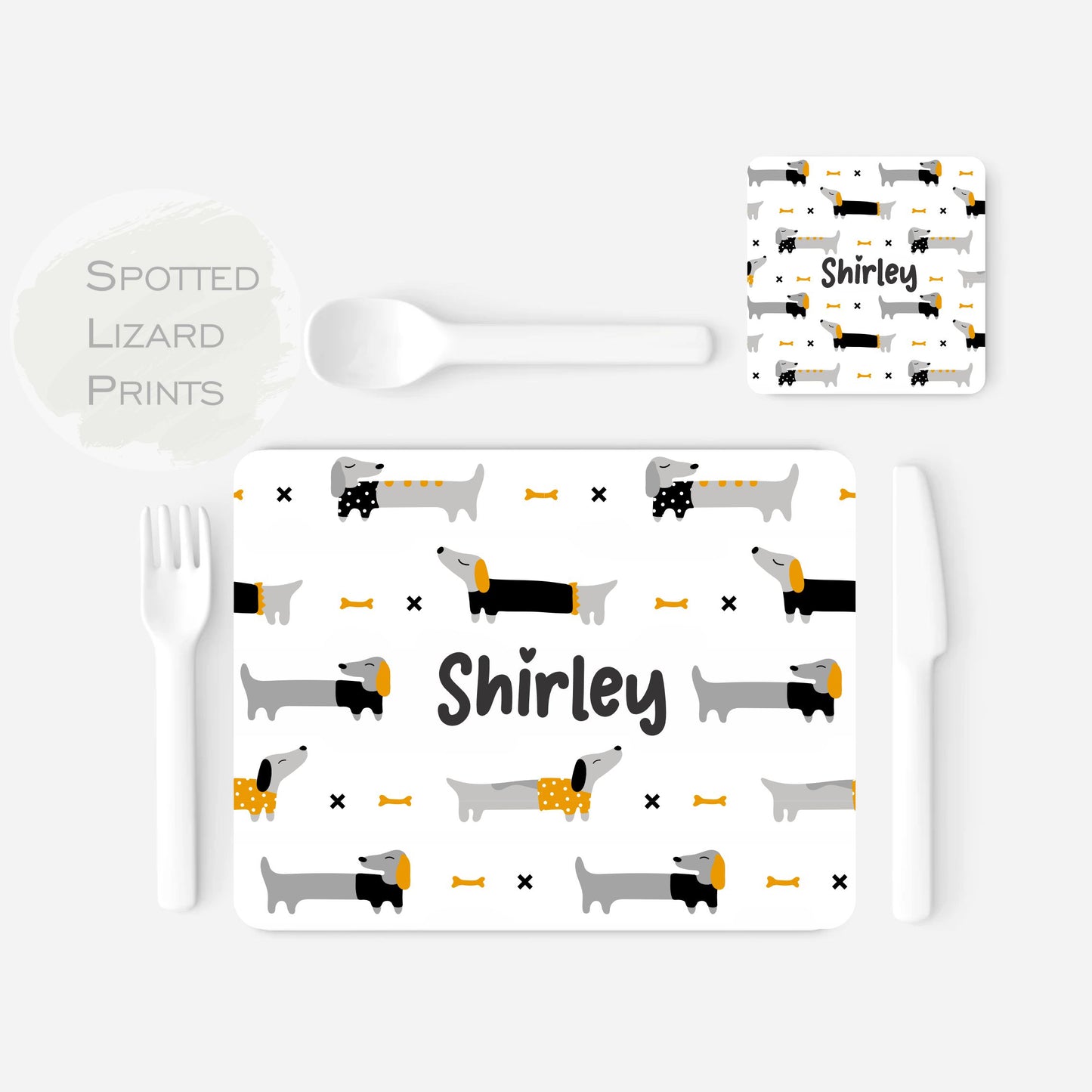 Personalised Cute Dachshund Placemat and Coaster Set, Dinner Set, Birthday gift, I Love dachshunds, Sausage Dog Placemat