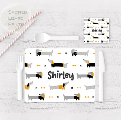 Personalised Cute Dachshund Placemat and Coaster Set, Dinner Set, Birthday gift, I Love dachshunds, Sausage Dog Placemat