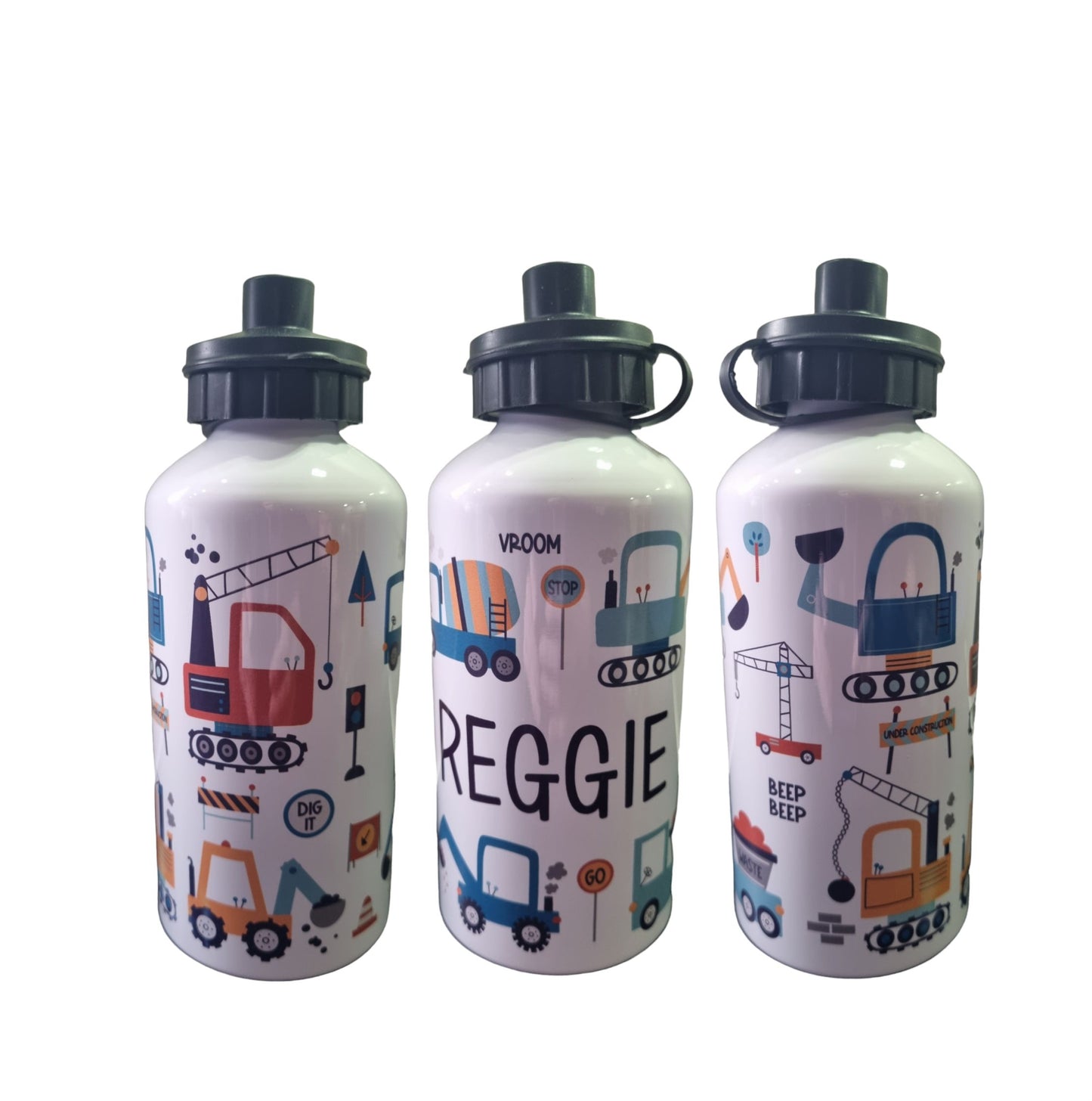 Personalised Water Bottle. Unique Hand printed Gift for Kids. Diggers