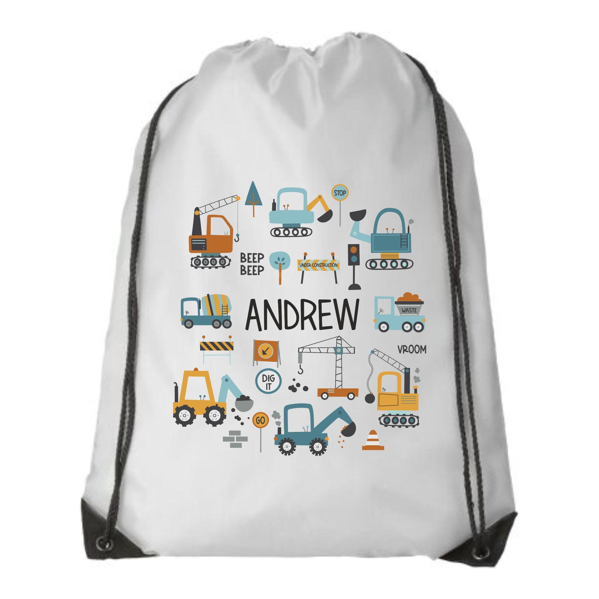 Personalised Drawstring Bag. Unique Hand printed Gift for Kids. Great for Digger enthusiasts. 