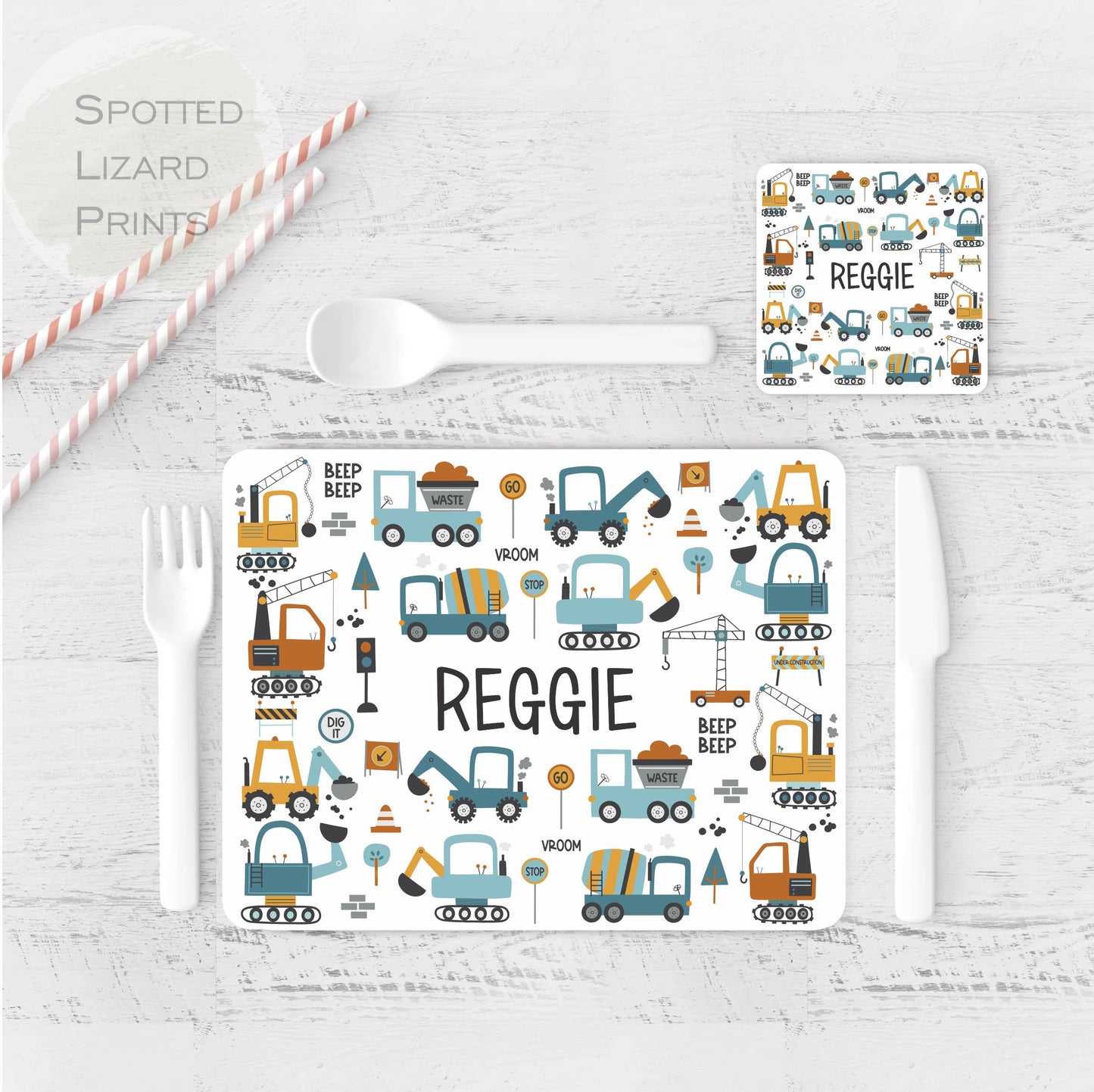 Personalised Diggers Placemat and Coaster Set, Kid's Dinner Set, Diggers gift, Children's Birthday Gift, Diggers Placemat